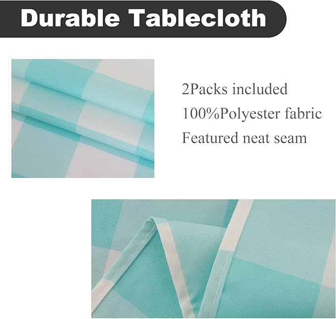 Cupuamon 2 Pack Waterproof Polyester Fabic Round Checkered Tablecloth，60 Outdoor Table Cloth，Oil Stain Prevention Table Cloth for Pinics and Parties（Aqua and White）