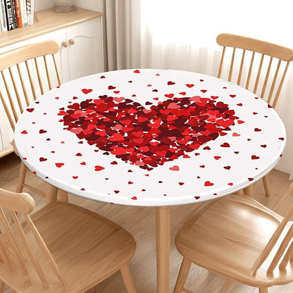 Valentines Day Round Fitted Tablecloth with Elastic Red Love Heart Circle Table Cloth for 44-48" Tables Wipeable Waterproof Washable Valentine Decorative Table Cover for Picnic Dining Party Decor