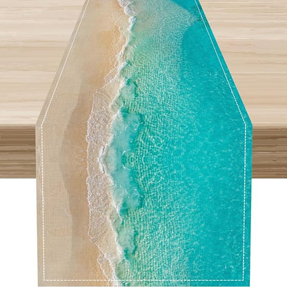 Blue Sea Waves Table Runner, Summer Turquoise Tropical Beach Sandy Ocean Clear Sea Water Coffee Table Center Deco, for Wedding Party Holiday and Living Room Table Decorations, 13" X 90"