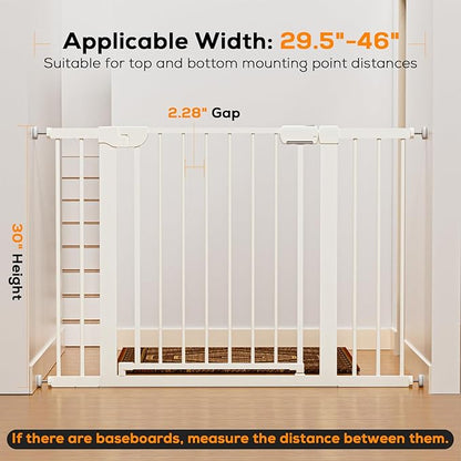 29.5-46" Baby Gate for Stairs, Baby Safety Essentials, Auto Close Gate for Doorways, Easy Install Pressure Mounted Dog Gate Indoor, Pet Gates for Dogs, White