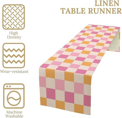 Pink Checkered Table Runner, Vintage 70s Abstract Cute Modern Hippie Table Runner for Party Kitchen Dining Home Outdoor 13x36in