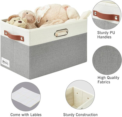 Large Collapsible Fabric Storage Bins with 3 Handles, Foldable Organizer Baskets for Closet, Shelves, Living Room | 3 Pack, Durable PU & Metal Handles (14.9"x9.8"x9.8", Gray & White)