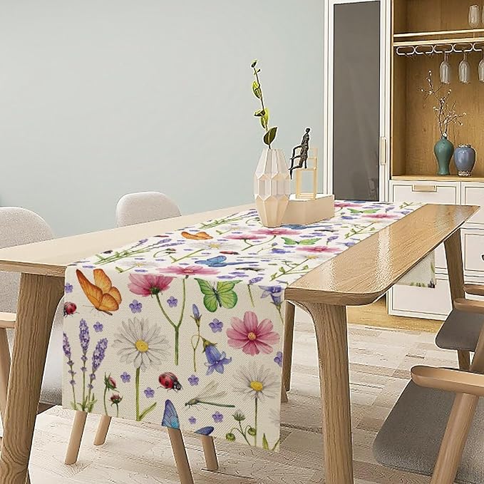 Flower Floral Table Runner, Butterfly Wildflowers Daisy Spring Summer Rustic Table Runner for Farmhouse Holiday Kitchen Dining Outdoor Home Party 13x60in