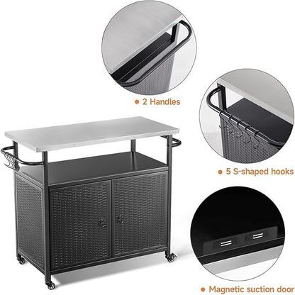 Outdoor Grill Cart with Storage, Outdoor Bar Cart with Wheels, Kitchen Island Cart with Stainless Steel Top for BBQ, Patio, Backyard