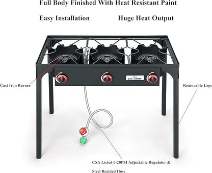 High Pressure Triple Propane Burner Outdoor Propane Camping Stove with 0-20 PSI Adjustable High Pressuer Regulator and Steel Braided Hose 3 Burner Stove Brewing Supply SA3500
