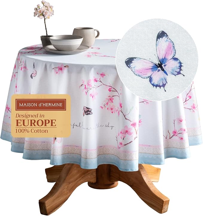 Maison d' Hermine Table Cloth Round Table 100% Cotton 63 Inches Tablecloth Reusable Decorative Everyday Use for Dining Room, Farmhouse, Home Party, Festive & Wedding Spring Summer - Blossoms In Spring