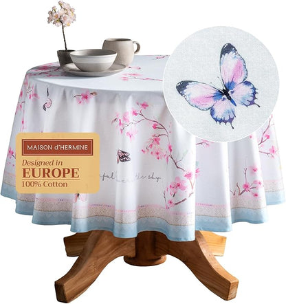 Maison d' Hermine Table Cloth Round Table 100% Cotton 63 Inches Tablecloth Reusable Decorative Everyday Use for Dining Room, Farmhouse, Home Party, Festive & Wedding Spring Summer - Blossoms In Spring