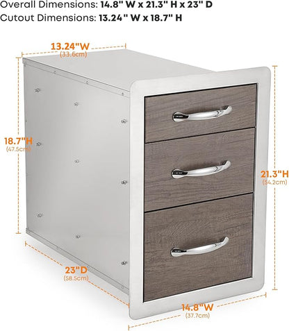 Stanbroil Outdoor Kitchen Drawers Triple BBQ Drawers 15" W x 21.3" H x 23" D, Wood Grain Access Drawer Flush Mount for BBQ Islands or Grill Station