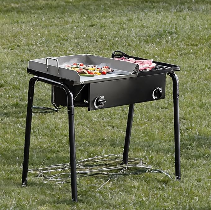 Griddle Plate 15" Gas Stove 32" with Hose Guard, Steel Heavy Duty Double Burner Outdoor Patio Stove, Tank Cooker Perfect for Deep Frying or Steaming, Turkey Fry, Catered Events, Range - 150,000BTU