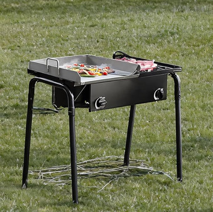 Griddle Plate 15" Gas Stove 32" with Hose Guard, Steel Heavy Duty Double Burner Outdoor Patio Stove, Tank Cooker Perfect for Deep Frying or Steaming, Turkey Fry, Catered Events, Range - 150,000BTU