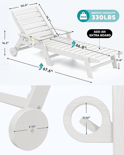 SERWALL Patio Chaise Lounge Chair Set of 6, 5 Positions Adjustable Poly Outdoor Lounger for Pool, HDPE Lounge Chair with Rolling Wheels & Cup Holder for Poolside, Deck, White