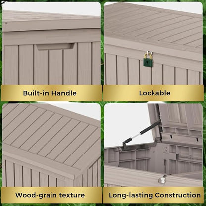 180 Gallon Resin Deck Box, Waterproof Outdoor Storage Box for Patio Furniture, Garden Tools, and Pool Accessories, Lockable UV-Resistant Storage Bin Bench Cabinet for Outside, Grey