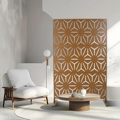 Outdoor Privacy Screen, 76" H x 48" W Decorative Metal Panel, Steel Privacy Divider with Freestanding Base, Ideal for Garden, Patio, or Balcony, Brown