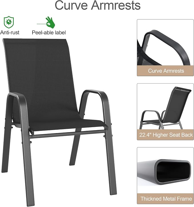 Outdoor Patio Chairs Set of 6 Stackable Dining Chairs All-Weather Textilene - Image 9