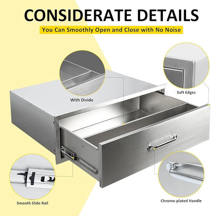 Outdoor Kitchen Drawers 30" W x 10" H x 23" D Flush Mount BBQ Single Drawers with Divider,Built-in Stainless Steel Drawer with Chrome Handle for Outdoor Kitchen Island Patio Grill Station
