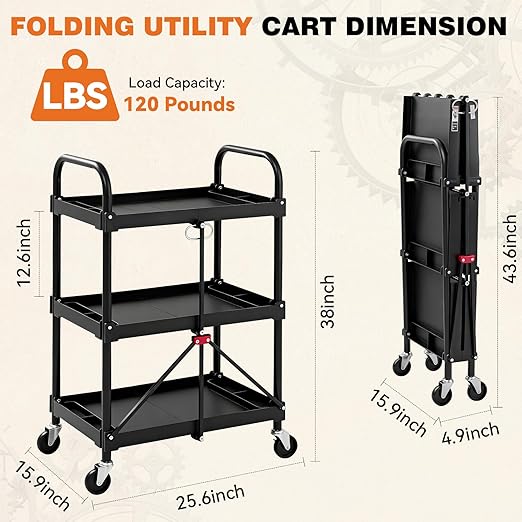 DUMOS 3-Tier Foldable Utility Cart Set of 2, Collapsible Service Cart with 4 Swivel Wheels & Brakes, 120LBS Capacity & Collapsible Storage Rolling Cart for Kitchen, Office, Garden, Garage, Black