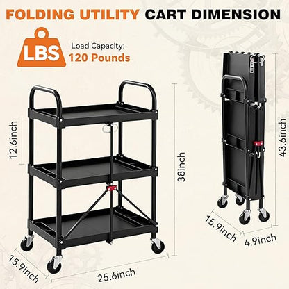 DUMOS 3-Tier Foldable Utility Cart Set of 2, Collapsible Service Cart with 4 Swivel Wheels & Brakes, 120LBS Capacity & Collapsible Storage Rolling Cart for Kitchen, Office, Garden, Garage, Black