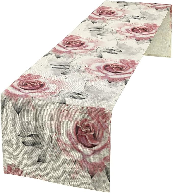 Pink Rose Floral Table Runner,Abstract Watercolor Flower Pattern Modern Romantic Kitchen Dining Table Decoration for Wedding Holiday Home Party 13x90in