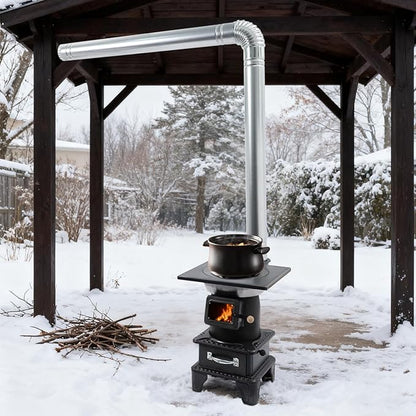 Wood Burning Stove with Chimney and Heat Shield, Outdoor Portable Heater for Camping, Cabin, Tent, Patio, Ice Fishing, Use with Firewood Coal, Carbon Steel, 3-Size Cooktop