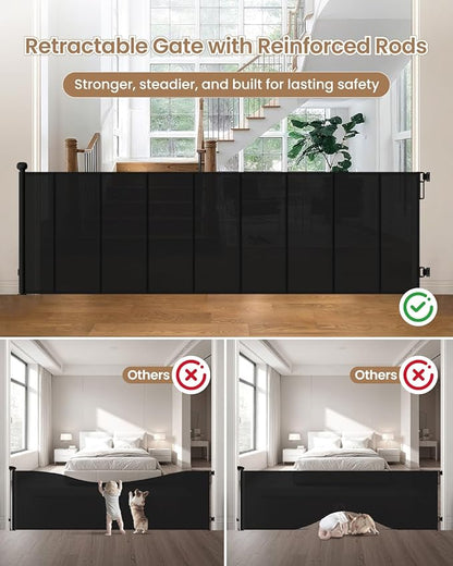 Reinforced Retractable Baby Gate, 100" Wide Child Safety Gate with 8 Support Rods, 34" Tall Scratch-Resistant Mesh Dog Gate for Staircase, Garage, Garden, Outdoor, Black