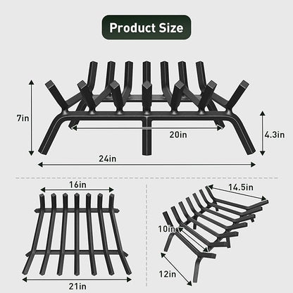 mestyl Fireplace Grate 24 Inch Heavy Duty Wrought Iron Fireplace Log Grate, 3/4" Bar Fire Grates, Firewood Log Burning Rack for Outdoor Wood Stove Pit & Fireplace Log Holder Indoor