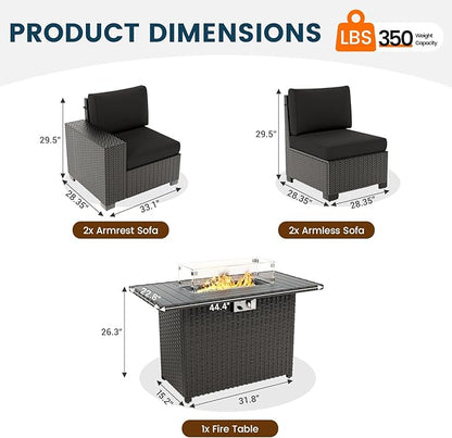 5 Piece Patio Furniture Set with Fire Pit Table, Outdoor Sectional Conversation Sets Black Wicker Rattan Sectional Sofa for Patio Garden Backyard, 4'' Thickened Cushion Black