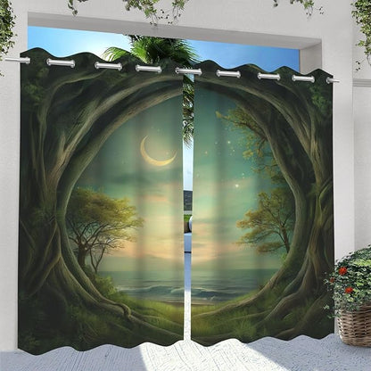 Forest Theme Waterproof Indoor/Outdoor Curtains,Trees Moon Lake Pattern,Waterproof, Privacy, Grommet Curtains for Patio, Pergola, Porch, Deck, Lanai, Cabana,2 Panel,W42 x L63,Green