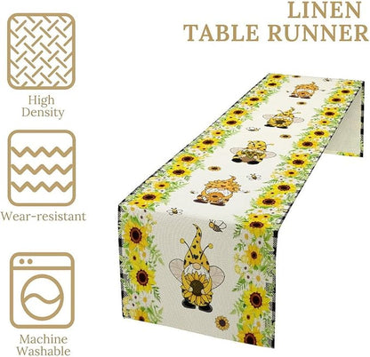 Summer Sunflower Gnome Table Runner, Buffalo Plaid Bee Farmhouse Seasonal Table Decoration for Outdoor Home Party Kitchen Dining Holiday 13x60in