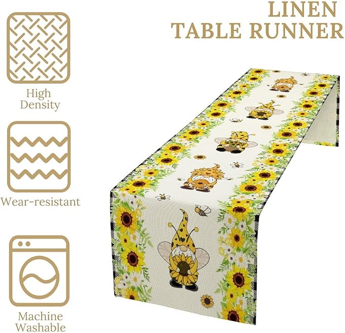 Summer Sunflower Gnome Table Runner, Buffalo Plaid Bee Farmhouse Seasonal Table Decoration for Outdoor Home Party Kitchen Dining Holiday 13x70in
