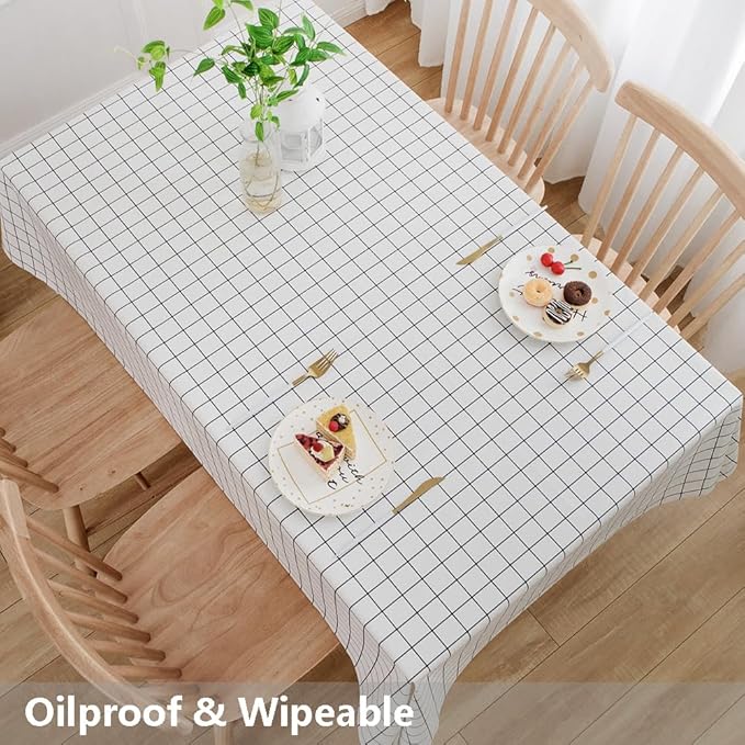 TruDelve Heavy Duty Vinyl Table Cloth Plastic Tablecloths for Kitchen Dining Tables Wipeable PVC Waterproof Tablecloth for Rectangle Table (54'' x 78', White Plaid)