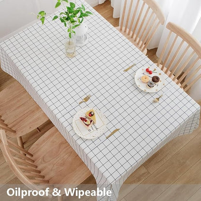 TruDelve Heavy Duty Vinyl Table Cloth Plastic Tablecloths for Kitchen Dining Tables Wipeable PVC Waterproof Tablecloth for Rectangle Table (54'' x 108', White Plaid)