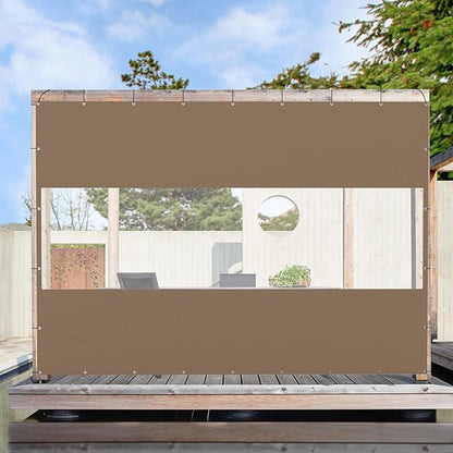 Domi Heavy Duty Outdoor Clear Panel Curtain, 18 oz Waterproof PVC Polyester Curtain, Weather Resistant & Tearproof for Patios, Gazebos, Pergolas, Privacy Screen (7'H x 10'W, Brown)