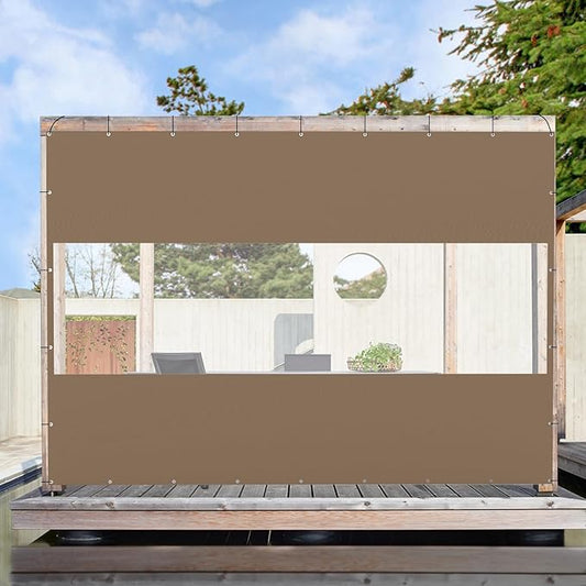 Domi Heavy Duty Outdoor Clear Panel Curtain, 18 oz Waterproof PVC Polyester Curtain, Weather Resistant & Tearproof for Patios, Gazebos, Pergolas, Privacy Screen (7'H x 10'W, Brown)