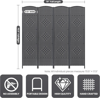 4 Panel Room Divider,6Ft Folding Privacy Screen,Tall - Extra Wide Foldable Panel Partition Wall Divider with Diamond Double-Weaved Hand-Woven Design Room Screen Divider