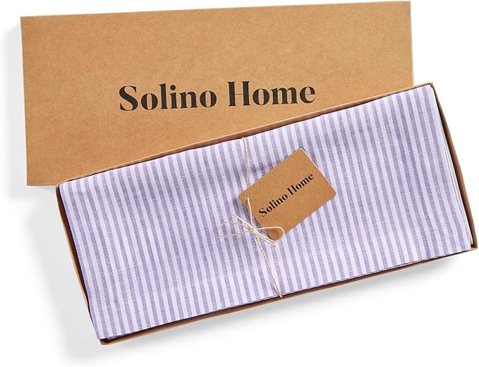Solino Home Linen Striped Table Runner 120 Inches Long - Narrow Stripe 100% Pure Linen Lavender and White Dining Table Runner 14 x 120 Inch for Valentines, Spring, Easter