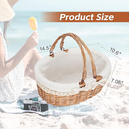 G GOOD GAIN Oval Picnic Basket with Folding Handles, Willow Hand Woven Shopping Basket, Bath Storage Gift Packing Basket, Wicker Empty Easter Eggs and Candy Small Gift Basket.Cream
