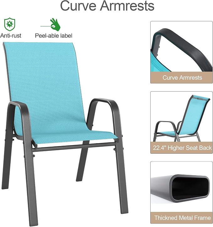 Outdoor Patio Chairs Set of 6 Stackable Dining Chairs All-Weather Textilene - Image 9