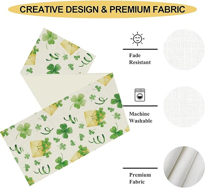 Clover Table Runner,Retro Rustic Green Shamrock Yellow Envelope Spring Seasonal Holiday St.Patrick's Day Table Center Decor for Home Kitchen Dining Holiday Party Indoor Decorations, 13"x36"
