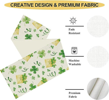 Clover Table Runner,Retro Rustic Green Shamrock Yellow Envelope Spring Seasonal Holiday St.Patrick's Day Table Center Decor for Home Kitchen Dining Holiday Party Indoor Decorations, 13"x36"