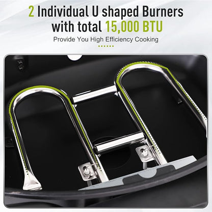 MFSTUDIO Portable barbecue grill with 2 Stainless Steel Burners, TableTop Propane Gas grills with Side Tables, small countertop grill for outdoor camping,15,000 BTU, 275 SQ.IN. Cooking Area