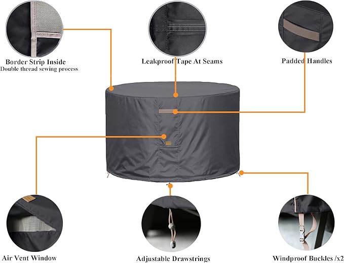 Fire Pit Cover 600D Heavy Duty Waterproof Fabric With PVC Coating Round 44" Dia x 24" H Dark Grey Fits 40-42 inch Fire Pit Table Fade Resistant Outdoor Firepit Cover