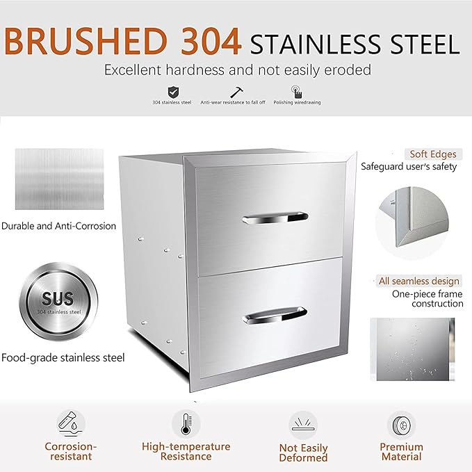Pull Out Trash Drawer, Lower Sliding Rails Stainless Steel Roll Out Trash Bin Pull Out Tray With Handle For Outdoor Kitchen BBQ Island Grill Station,Double Drawers