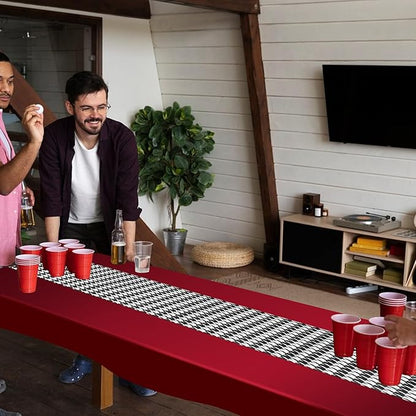 WANGDEFA 1 Pack Plastic Red Tablecloth Houndstooth Table Runner Houndstooth Party Decor 108 * 54inches for Dining Table Outdoor Party Decorative Tablecloth（PVEA and Polyester Material