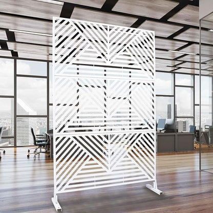 Outdoor Privacy Screen with Geometric Design – Metal Decorative Panel, Freestanding Partition, Weather-Resistant, 76"x48" for Garden, Patio, Balcony, and Yard, White