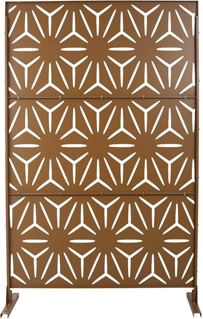 Outdoor Privacy Screen, 76" H x 48" W Decorative Metal Panel, Steel Privacy Divider with Freestanding Base, Ideal for Garden, Patio, or Balcony, Brown