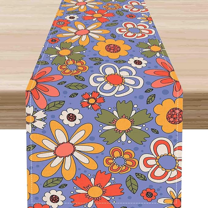 70s Floral Table Runner, Retro Groovy Hippie Lovely Floral Funky Daisy Trippy Coffee Table Center Decor for Home Kitchen Dining Patio Holiday Party Indoor Outdoor Table Decorations, 13"x72" Inch
