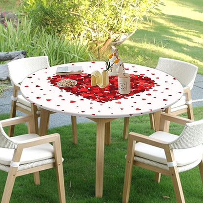 Valentines Day Round Fitted Tablecloth with Elastic Red Love Heart Circle Table Cloth for 44-48" Tables Wipeable Waterproof Washable Valentine Decorative Table Cover for Picnic Dining Party Decor