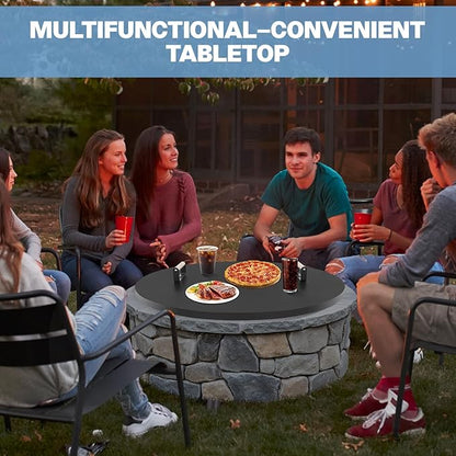 Fire Pit Lid Cover Round - 34" Rust Resistant Powder Coated Steel Firepit Cover or Table with 2 Wooden Handles for Patio Fire Pit, Weatherproof for All Seasons, Fits Fire Pits Up to 32"