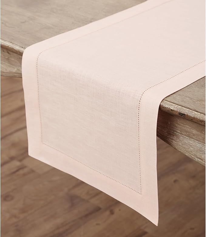 Solino Home Linen Pink Table Runner 72 Inches Long - 100% Pure Linen Hemstitch Table Runner 14 x 72 Inch for Dresser, Dining, Valentines, Spring, Easter - Classic Hemstitch