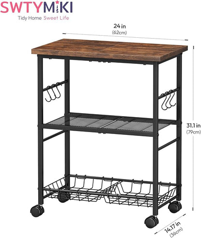 SWTYMIKI Rolling Kitchen Microwave Cart - 3 Tier Microwave Table Stand with Storage Basket and Hooks, Kitchen Utility Cart on Wheels, Coffee Cart Shelf Rack Organizer for Living Room Office, Balcony